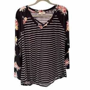 Elegant Floral and Striped Long Sleeve Top